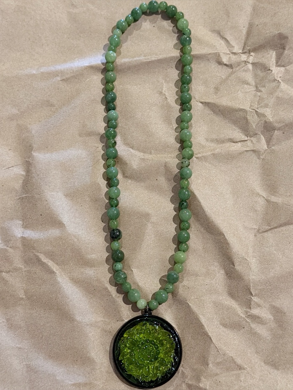 Handmade Jade Necklace With Floral Glass Pendant